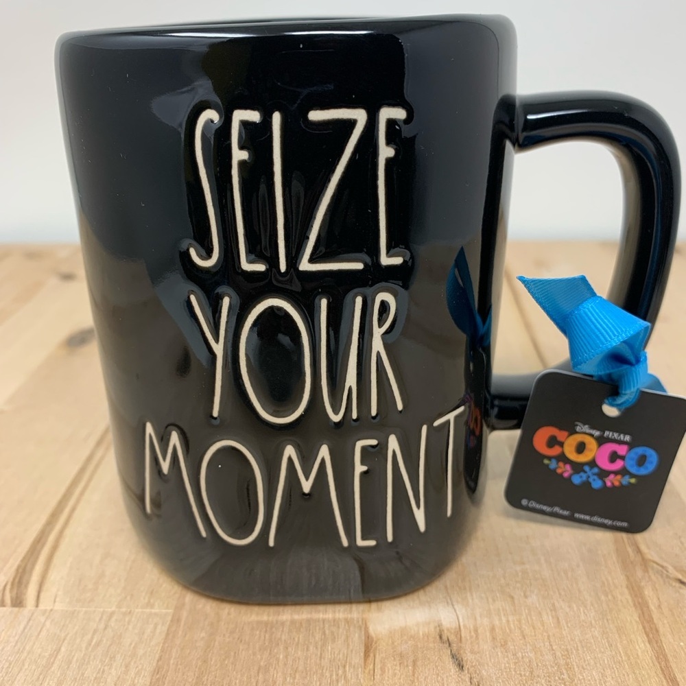 Rae Dunn SEIZE YOUR MOMENT Mug Disney Pixar Black Double Sided White LL New